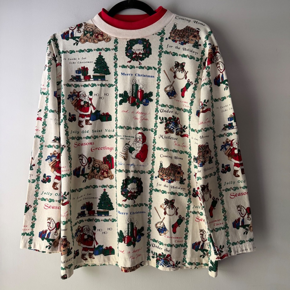 Nutcracker Christmas Pullover Top Womens Large Cream Red Vintage Holiday Good